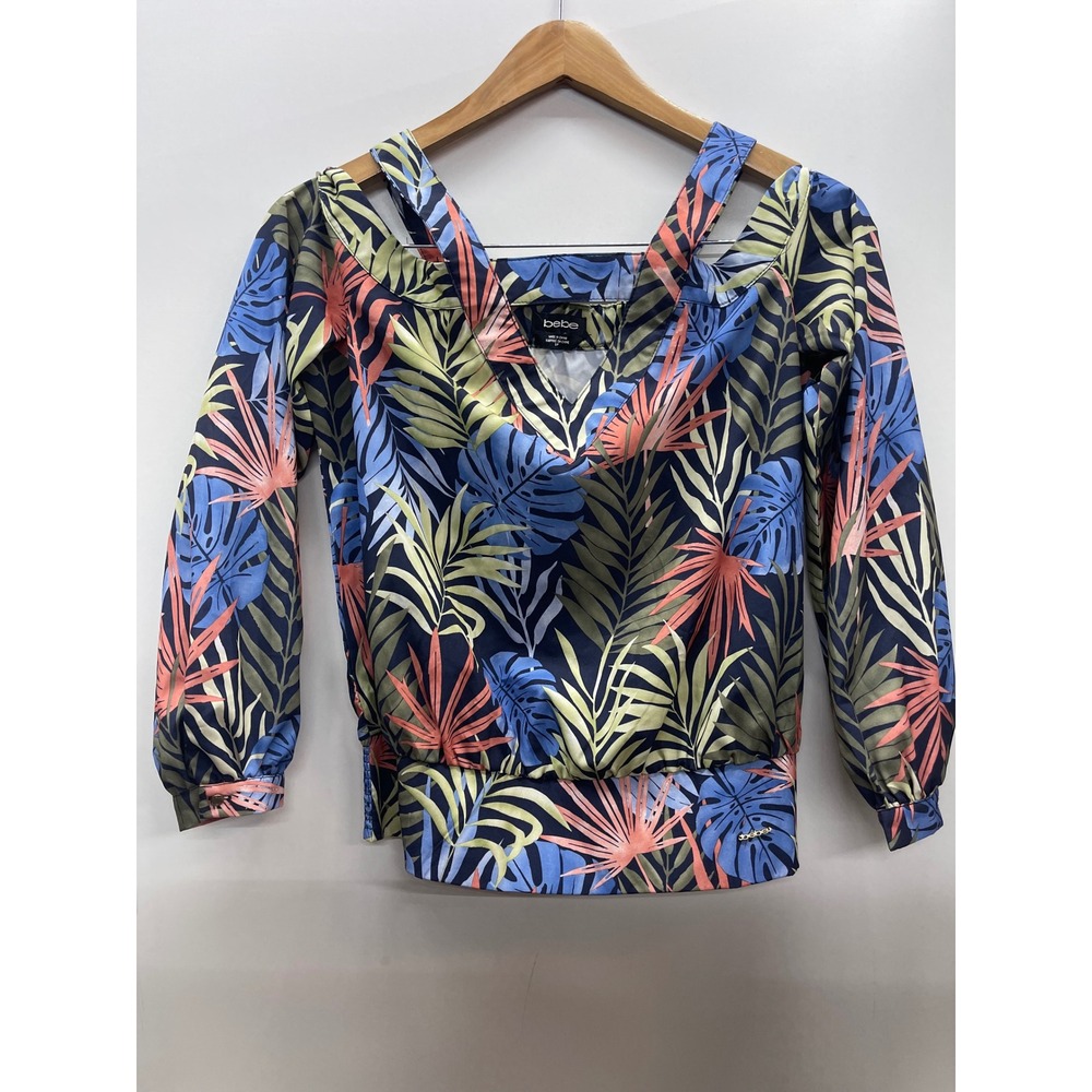 Bebe Tropical‎ Palm Leaf Cold Shoulder V-Neck Blouse Blue Green Small